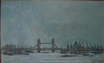 m020: Poppe Damave; Londen, Tower Bridge; Pen met krijt