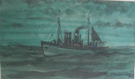 124, Poppe Damave, Spaans vissersscheepje bij Oporto, Aquarel