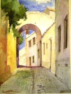 179, Roelof Klein, Straat met poort Albufeira-Portugal, Aquarel