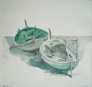 Poppe Damave Vissersbootjes aquarel