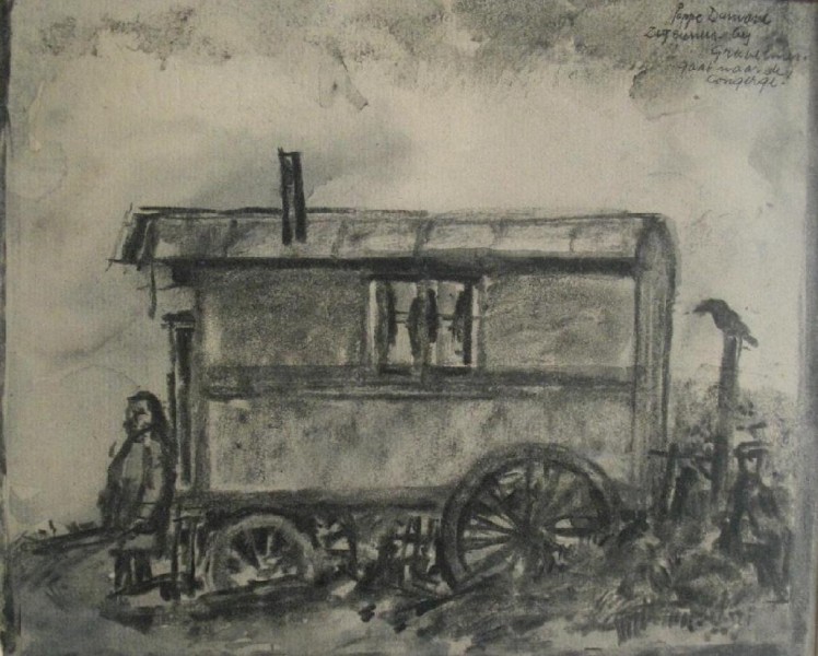 021c: Poppe Damave; Zigeuner bij Gravelaar; Houtskool tekening