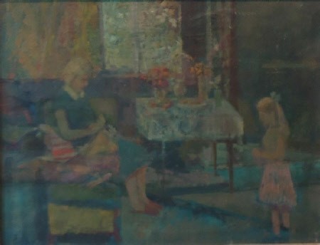 205-195, Poppe Damave, Gezin in huiskamer, Olieverf op doek